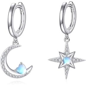 Axeluna Moon and Star Earrings 925 Sterling Silver Star Dangle أقراط Moonstone Jewelry Gifts للنساء جدة الأم