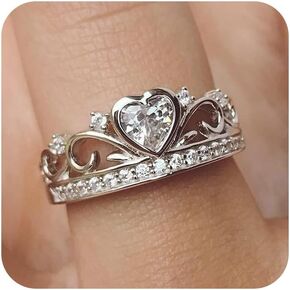 Princess Queen Crown Ring 925 Sterling Silver Shiny Eternity Heart-Shaped Cubic Zirconia Crystal Diamond Promise Ring Zircon Jewelry for Women (Size 6)