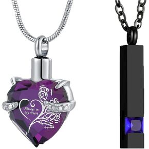 Always In My Heart Urn Pendant Necklace and Vertical Bar Birthstone Cremation Jewelry for Human Ashes