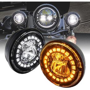 TRUE MODS 2pc Black 4.5" LED Passing Fog Lights for Harley Davidson Motorcycles [WHITE HALO DRL & AMBER Turn Signals] [Advanced Dual Fish-Eye Lens] [6500K Cold White] Driving Lamps for Harley Bikes