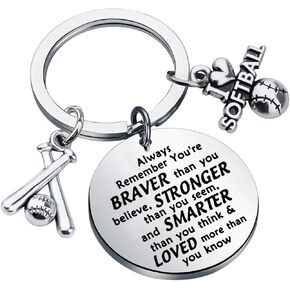 BAUNA Softball Keychain Softball Gift Always Remember You Are Braver Than You Believe Keychain with Inspirational Quote for Softball Player Team Coaches (Softball Keychain)