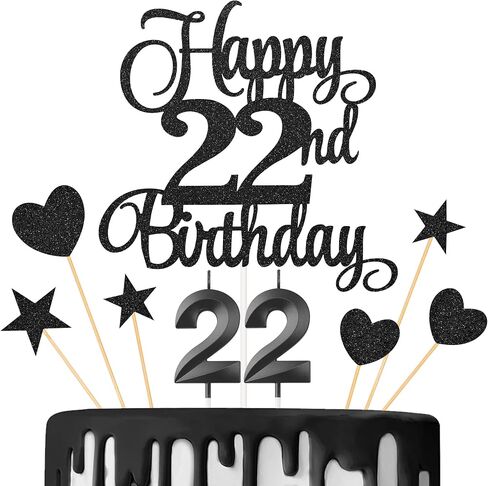 22nd Birthday Cake Toppers, 22nd Birthday Candles Numeral Candles and Glitter Cake Decorations Toppers Set for Party Supplies (Black) in Saudi Arabia