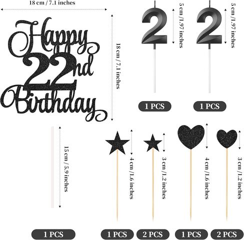 22nd Birthday Cake Toppers, 22nd Birthday Candles Numeral Candles and Glitter Cake Decorations Toppers Set for Party Supplies (Black) in Saudi Arabia