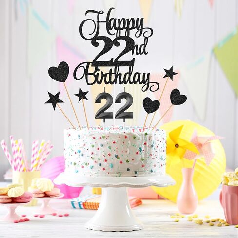 22nd Birthday Cake Toppers, 22nd Birthday Candles Numeral Candles and Glitter Cake Decorations Toppers Set for Party Supplies (Black) in Saudi Arabia