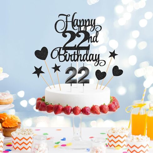 22nd Birthday Cake Toppers, 22nd Birthday Candles Numeral Candles and Glitter Cake Decorations Toppers Set for Party Supplies (Black) in Saudi Arabia