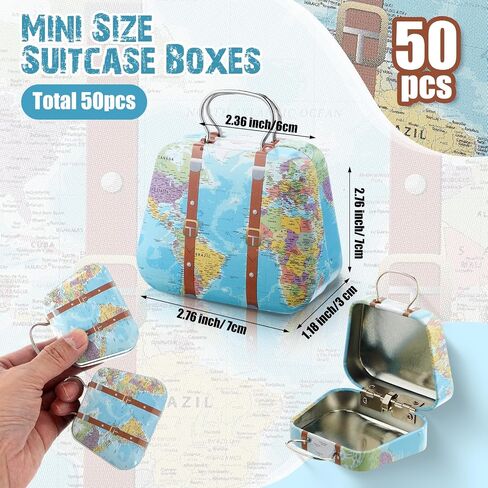 MorningRo 50 Pcs Mini Suitcase Boxes Travel Theme Party Favor Small Luggage Gift Box Candy Tins Vintage Tiny Storage with Hinged Lids for Coin Container Wedding Bridal Shower Decoration(Map) in Saudi Arabia
