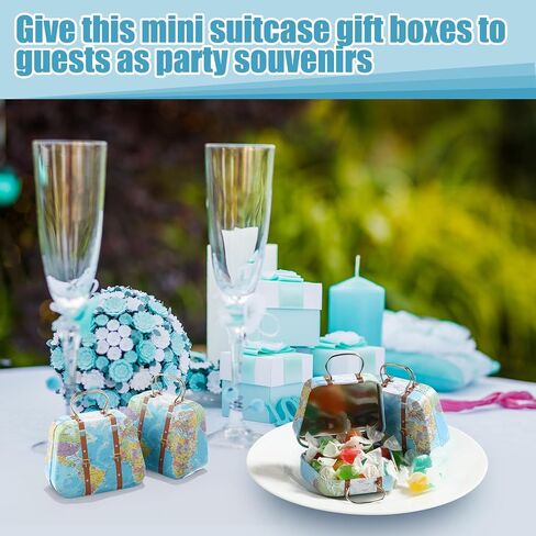 MorningRo 50 Pcs Mini Suitcase Boxes Travel Theme Party Favor Small Luggage Gift Box Candy Tins Vintage Tiny Storage with Hinged Lids for Coin Container Wedding Bridal Shower Decoration(Map) in Saudi Arabia