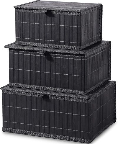 Honygebia Bamboo Decorative Storage Boxes - Set of 3 Woven Lined Storage Basket with Lids, Black Wicker Lidded Baskets for Home Kitchen Shelf Organizer Decor in Saudi Arabia