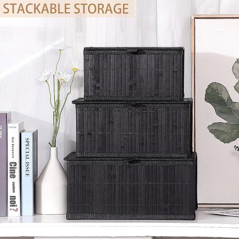 Honygebia Bamboo Decorative Storage Boxes - Set of 3 Woven Lined Storage Basket with Lids, Black Wicker Lidded Baskets for Home Kitchen Shelf Organizer Decor in Saudi Arabia