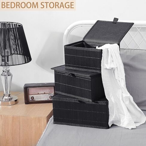 Honygebia Bamboo Decorative Storage Boxes - Set of 3 Woven Lined Storage Basket with Lids, Black Wicker Lidded Baskets for Home Kitchen Shelf Organizer Decor in Saudi Arabia
