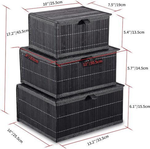 Honygebia Bamboo Decorative Storage Boxes - Set of 3 Woven Lined Storage Basket with Lids, Black Wicker Lidded Baskets for Home Kitchen Shelf Organizer Decor in Saudi Arabia