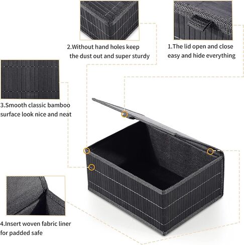 Honygebia Bamboo Decorative Storage Boxes - Set of 3 Woven Lined Storage Basket with Lids, Black Wicker Lidded Baskets for Home Kitchen Shelf Organizer Decor in Saudi Arabia