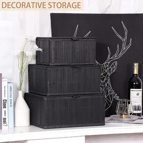 Honygebia Bamboo Decorative Storage Boxes - Set of 3 Woven Lined Storage Basket with Lids, Black Wicker Lidded Baskets for Home Kitchen Shelf Organizer Decor in Saudi Arabia