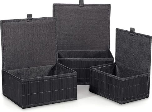 Honygebia Bamboo Decorative Storage Boxes - Set of 3 Woven Lined Storage Basket with Lids, Black Wicker Lidded Baskets for Home Kitchen Shelf Organizer Decor in Saudi Arabia
