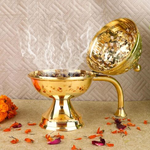 SATVIK 1 Pc Pure Brass Antique Incense Holder Dhuni Burner with Long Brass Handle Handheld Puja Dhuna Loban Burner Pooja Agarbatti Dhoop Pot Dhuni Stand Indian Housewarming Return Gift Items Bulk in Saudi Arabia