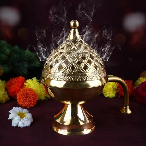 SATVIK 1 Pc Pure Brass Antique Incense Holder Dhuni Burner with Long Brass Handle Handheld Puja Dhuna Loban Burner Pooja Agarbatti Dhoop Pot Dhuni Stand Indian Housewarming Return Gift Items Bulk in Saudi Arabia