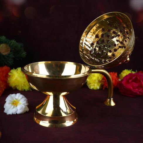 SATVIK 1 Pc Pure Brass Antique Incense Holder Dhuni Burner with Long Brass Handle Handheld Puja Dhuna Loban Burner Pooja Agarbatti Dhoop Pot Dhuni Stand Indian Housewarming Return Gift Items Bulk in Saudi Arabia