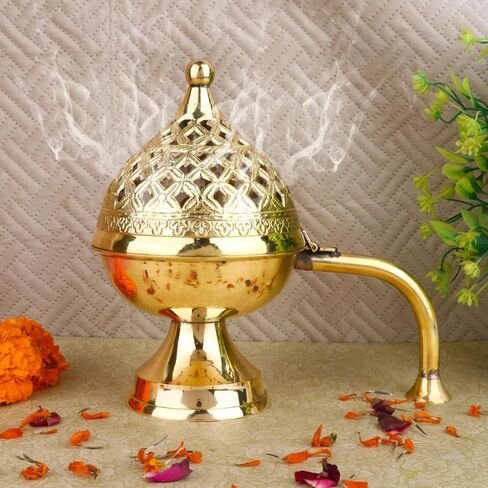 SATVIK 1 Pc Pure Brass Antique Incense Holder Dhuni Burner with Long Brass Handle Handheld Puja Dhuna Loban Burner Pooja Agarbatti Dhoop Pot Dhuni Stand Indian Housewarming Return Gift Items Bulk in Saudi Arabia