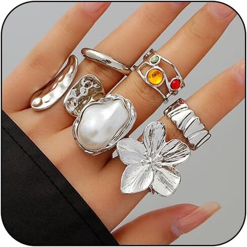 6Pcs Chunky Gold Geometric Flowers Stackable Rings Set for Women Exaggerated Baroque Pearl Stack Statement Ring Trendy Floral Costume Jewelry Gifts in Saudi Arabia
