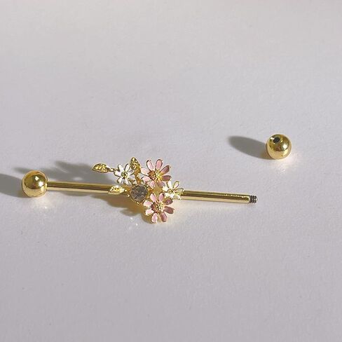 14G Enamel Daisy Flower Industrial Barbell Earring for Women Men 316L Surgical Stainless Steel Cubic Zirconia Crystal Flowers Screw Ball Cartilage Helix Stud Earrings Dainty Body Piercing Jewelry Gifts Long Bar 38mm in Saudi Arabia