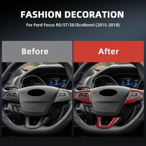 Real Carbon Fiber Steering Wheel, Button Chin Frame Covers for Ford Focus RS/ST/SE/ECO Boost (2015-2018), Decor Stickers Kit Interior Car Accessories, Red in Kuwait