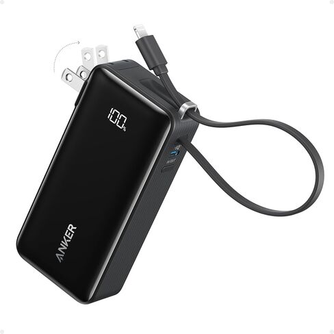 بنك طاقة Anker Nano 3 في 1، وكابل Lightning مدمج، ومنفذ USB-C، وقابس تيار متردد قابل للطي لإعادة الشحن السريع، وإخراج 30 وات كحد أقصى، وسعة 10,000 مللي أمبير في الساعة، متوافق مع سلسلة iPhone 14، وAirPods، والمزيد in Kuwait