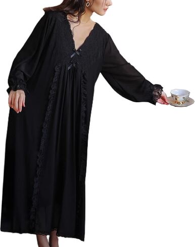 Women's Long Sleeve Nightgown Cotton Long Victorian Sleep Shirt Lace Princess Backless V Neck Pajama Dress Sleepwear in Saudi Arabia