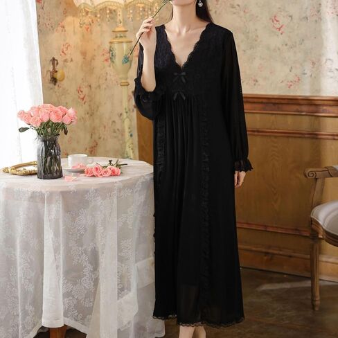 Women's Long Sleeve Nightgown Cotton Long Victorian Sleep Shirt Lace Princess Backless V Neck Pajama Dress Sleepwear in Saudi Arabia