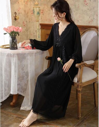 Women's Long Sleeve Nightgown Cotton Long Victorian Sleep Shirt Lace Princess Backless V Neck Pajama Dress Sleepwear in Saudi Arabia