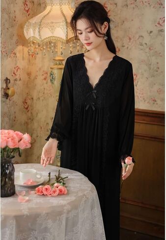 Women's Long Sleeve Nightgown Cotton Long Victorian Sleep Shirt Lace Princess Backless V Neck Pajama Dress Sleepwear in Saudi Arabia