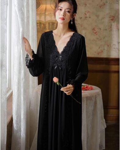 Women's Long Sleeve Nightgown Cotton Long Victorian Sleep Shirt Lace Princess Backless V Neck Pajama Dress Sleepwear in Saudi Arabia