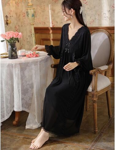 Women's Long Sleeve Nightgown Cotton Long Victorian Sleep Shirt Lace Princess Backless V Neck Pajama Dress Sleepwear in Saudi Arabia