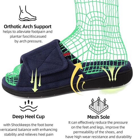 Women's Fuzzy Adjustable Arch Support Slippers Open Toe House Shoes for Orthopedic Plantar Fasciitis Furry Indoor Outdoor Slide Slippers All Season Black NavyBlue Color US6-US11 in Saudi Arabia