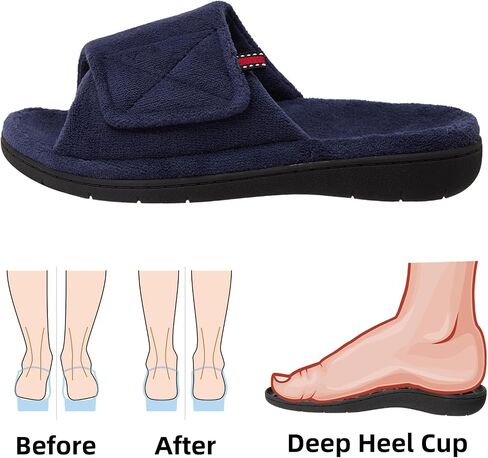 Women's Fuzzy Adjustable Arch Support Slippers Open Toe House Shoes for Orthopedic Plantar Fasciitis Furry Indoor Outdoor Slide Slippers All Season Black NavyBlue Color US6-US11 in Saudi Arabia