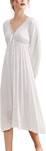 Women's Long Sleeve Nightgown Cotton Long Victorian Sleep Shirt Lace Princess Backless V Neck Pajama Dress Sleepwear in Saudi Arabia