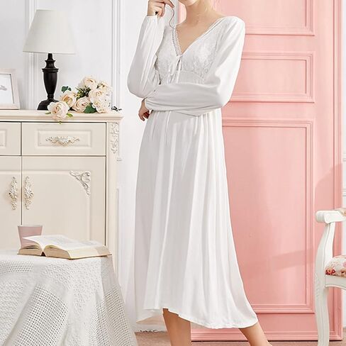 Women's Long Sleeve Nightgown Cotton Long Victorian Sleep Shirt Lace Princess Backless V Neck Pajama Dress Sleepwear in Saudi Arabia