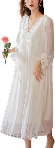 Women's Long Sleeve Nightgown Cotton Long Victorian Sleep Shirt Lace Princess Backless V Neck Pajama Dress Sleepwear in Kuwait