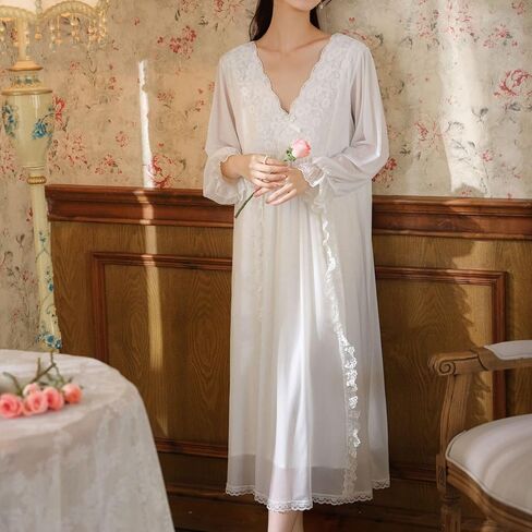 Women's Long Sleeve Nightgown Cotton Long Victorian Sleep Shirt Lace Princess Backless V Neck Pajama Dress Sleepwear in Kuwait
