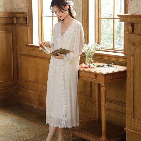 Women's Long Sleeve Nightgown Cotton Long Victorian Sleep Shirt Lace Princess Backless V Neck Pajama Dress Sleepwear in Kuwait