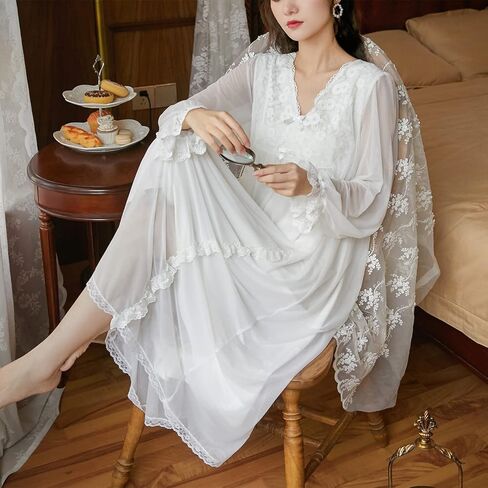 Women's Long Sleeve Nightgown Cotton Long Victorian Sleep Shirt Lace Princess Backless V Neck Pajama Dress Sleepwear in Kuwait