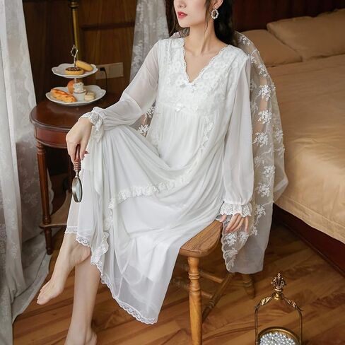 Women's Long Sleeve Nightgown Cotton Long Victorian Sleep Shirt Lace Princess Backless V Neck Pajama Dress Sleepwear in Kuwait