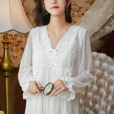 Women's Long Sleeve Nightgown Cotton Long Victorian Sleep Shirt Lace Princess Backless V Neck Pajama Dress Sleepwear in Kuwait
