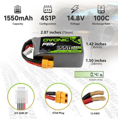 OVONIC 4s Lipo Battery 100C 1550mAh 14.8V Lipo Battery with XT60 Connector for RC FPV Racing Drone Quadcopter(2 Packs) in Kuwait