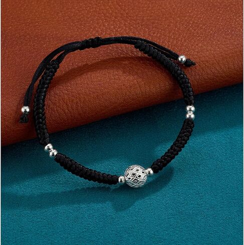 Protection Bracelet for Women and Men Real 990 Sterling Silver Lucky Beads Amulet Black Rope Bracelet Handmade String Adjustable Jewelry Gift in Kuwait