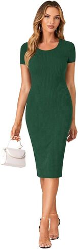 LYANER Women's Summer Round Neck Short Sleeve Ribbed Knit Bodycon Pencil Midi Dress in Saudi Arabia