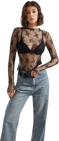 نساء suuksess مثير شبكة شفافة طويلة الأكمام قمم وهمية عنق الخروج من قمصان الدانتيل in Kuwait