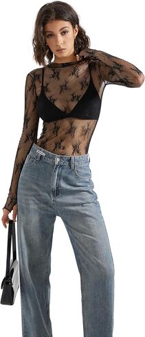 نساء suuksess مثير شبكة شفافة طويلة الأكمام قمم وهمية عنق الخروج من قمصان الدانتيل in Kuwait