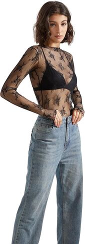 نساء suuksess مثير شبكة شفافة طويلة الأكمام قمم وهمية عنق الخروج من قمصان الدانتيل in Kuwait