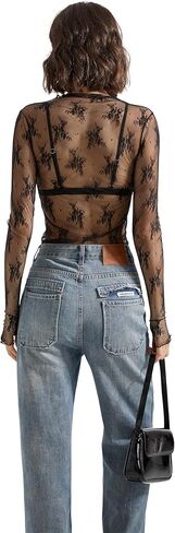 نساء suuksess مثير شبكة شفافة طويلة الأكمام قمم وهمية عنق الخروج من قمصان الدانتيل in Kuwait