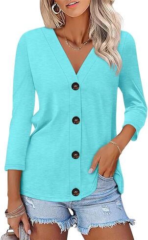 ORANDESIGNE Women's Button Down Shirts Summer 3/4 Length Sleeve Tops Basic Ladies Tees in Saudi Arabia